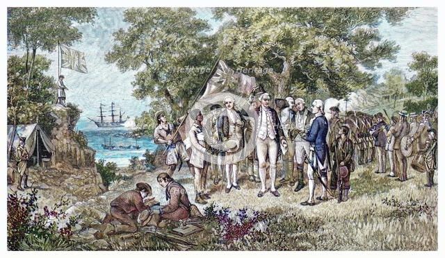 Captain Cook claims Botany Bay, New South Wales, Australia, 1770 (1886). Creator: Unknown.