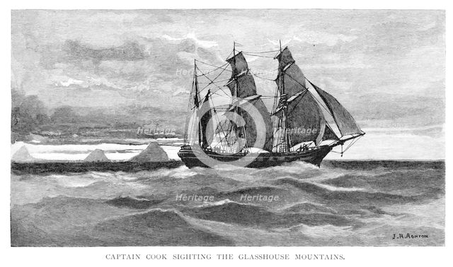 Captain Cook sighting the Glasshouse Mountains, 1770, (Queensland, Australia, 1886).Artist: Julian Ashton
