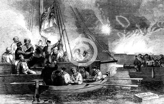 Captain Glasse, and his Chief Engineer, H.M.S. "Vulture", superintending the repairs of the Mortars  Creator: Unknown.