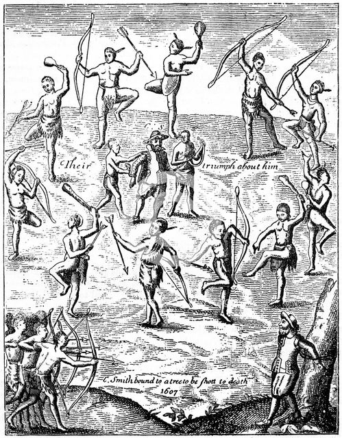 Captain John Smith taken prisoner by the Indians, Virgina, 1607 (c1880). Artist: Unknown