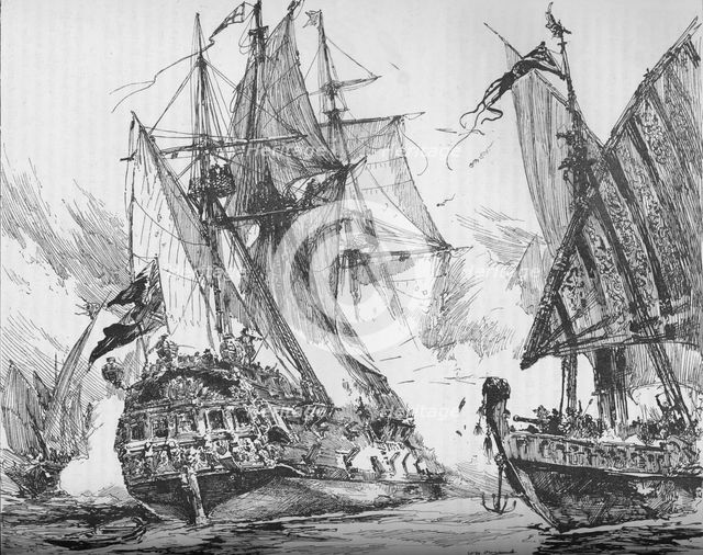 Captain Keigwin in the Revenge, beating off Sevagee's Fleet, 1884. Artist: Unknown