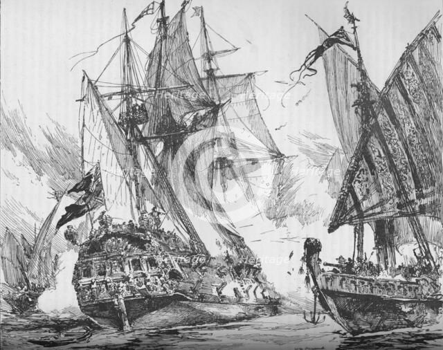 Captain Keigwin in the Revenge, beating off Sevagee's Fleet, 1884. Artist: Unknown