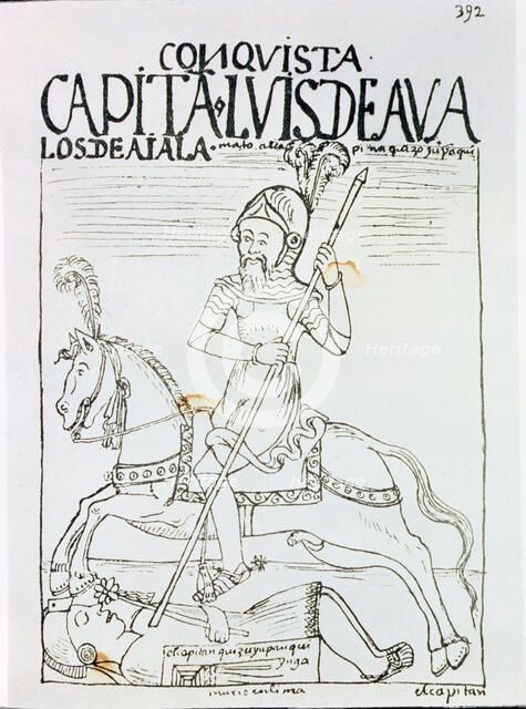 Captain Luis de Avalos killing an Inca, illustration from the book 'Nueva Crónica y Buen Gobierno…