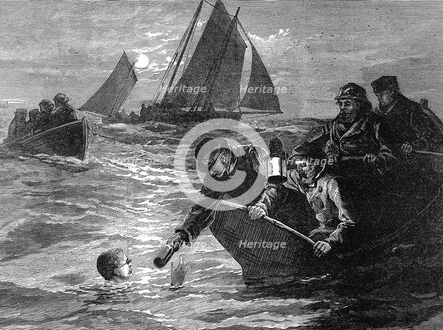 Captain Matthew Webb, the first man to swim the English Channel, 1875. Artist: Unknown