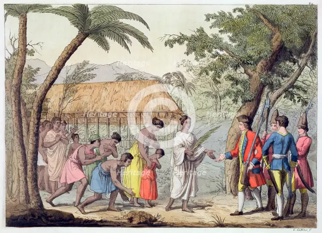 Captain Samuel Wallis being received by Queen Oberea on the Island of Tahiti, 1767 (19th century). Creator: Gallo Gallina.
