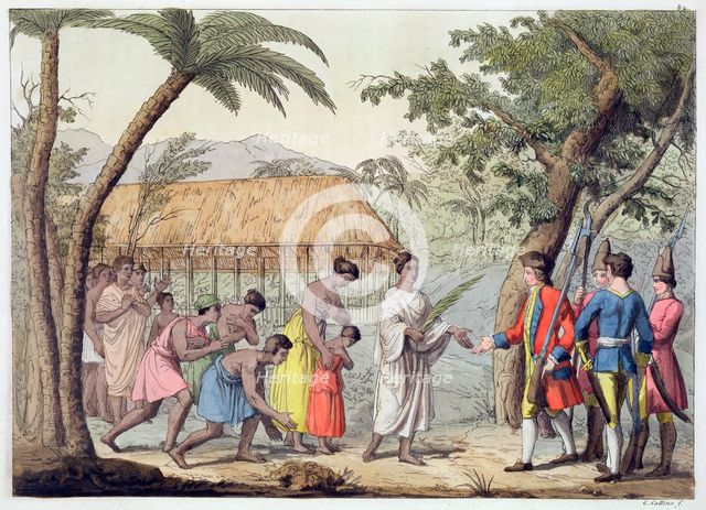 Captain Samuel Wallis being received by Queen Oberea on the Island of Tahiti, 1767 (19th century). Artist: Gallo Gallina