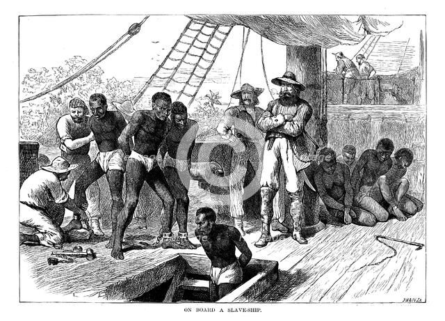 Captives being brought on board a slave ship on the West Coast of Africa (Slave Coast), c1880. Artist: Unknown