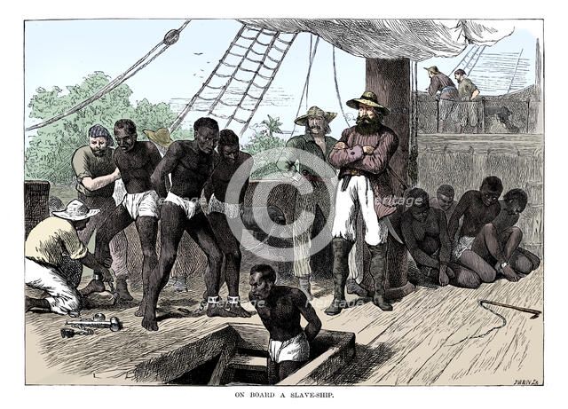 Captives being brought on board a slave ship on the West Coast of Africa (Slave Coast), c1880. Artist: Unknown.