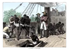 Captives being brought on board a slave ship on the West Coast of Africa (Slave Coast), c1880