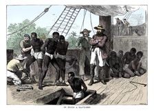 Captives being brought on board a slave ship on the West Coast of Africa (Slave Coast), c1880