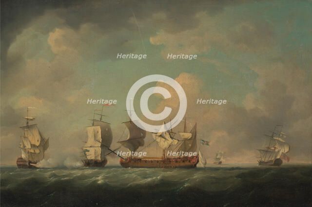 Capture of the French Treasure Ships Marquis d'Antin and Louis Erasmé, Between 1745 and 1755. Artist: Brooking, Charles (1723-1759)