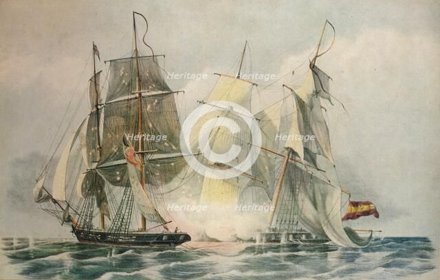 'Capture of the Spanish slave vessel Dolores by HM brig Ferret, 4 April 1816', 1816. Artist: William John Huggins.