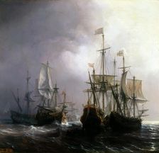Capture of three Dutch Commercial Vessels by the French Ships Fidèle, Mutine and Jupiter, in 1711. Artist: Gudin, Théodore (1802-1880)