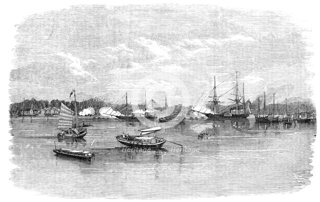 Capture of French Folly Fort, near Canton, by H.M.S. "Barracouta" and "Coromandel"..., 1857. Creator: Unknown.