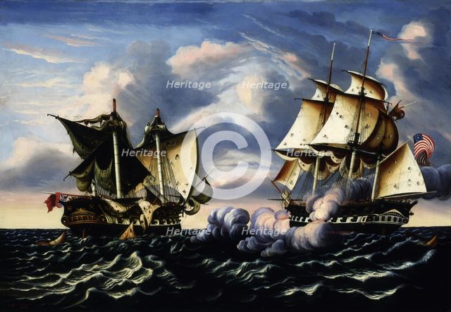 Capture of H.B.M. Frigate Macedonian by U.S. Frigate United States, October 25, 1812, 1852. Creator: Thomas Chambers.