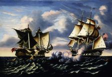 Capture of H.B.M. Frigate Macedonian by U.S. Frigate United States, October 25, 1812, 1852. Creator: Thomas Chambers