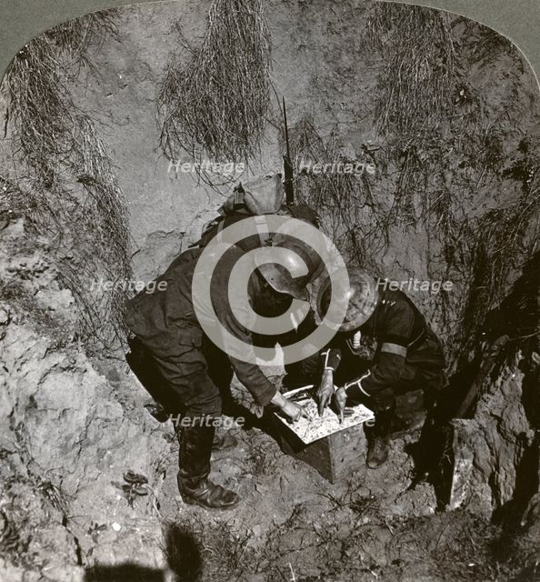 Captured German prisoner giving information to his captors, World War I, 1914-1918.Artist: Realistic Travels Publishers