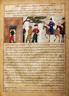 Captured Indian Raja Brought to Sultan Mahmud of Ghazni, Folio from a Majma..., ca. 1425. Creator: Unknown