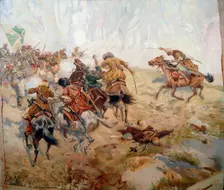 Capturing of the Aul Akhtulga late 19th or early 20th century. Artist: Franz Roubaud