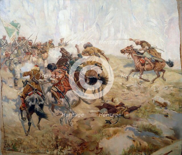 'Capturing of the Aul Akhtulga', late 19th or early 20th century. Artist: Franz Roubaud