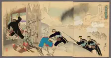 Capturing the Fortress at Niuzhuang (Gyusojo senryo), 1895. Creator: Chikanobu Yoshu