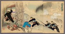 Capturing the Fortress at Niuzhuang (Gyusojo senryo), 1895. Creator: Chikanobu Yoshu
