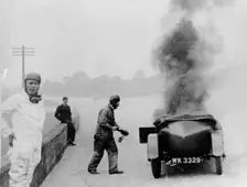 Car on fire, Brooklands, Surrey, 1928