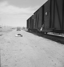 Car on siding across tracks from pea packing plant, Calipatria, Imperial Valley, 1939. Creator: Dorothea Lange
