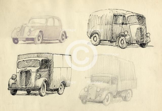 Car and lorries, 1951. Creator: Shirley Markham.