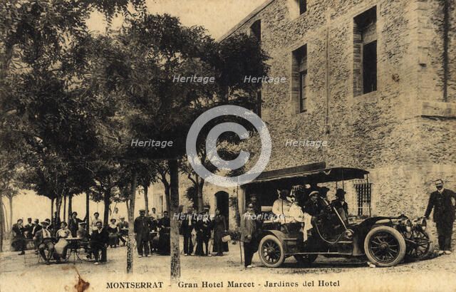 Car for passenger transport in the gardens of Hotel Marcet in the Monastery of Montserrat, 1910s …