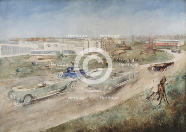 Car race, 1930. Artist: Williams, Pyotr Vladimirovich (1902-1947)