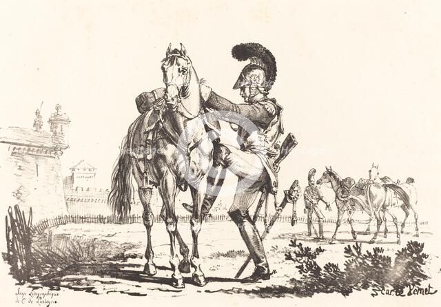 Carabinier Mounting a Horse. Creator: Carle Vernet.