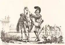 Carabinier Mounting a Horse. Creator: Carle Vernet