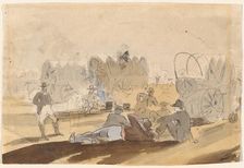 Caravan with Covered Wagons Resting [recto], 1861. Creator: Winslow Homer