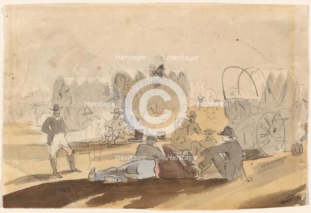 Caravan with Covered Wagons Resting [recto], 1861. Creator: Winslow Homer.