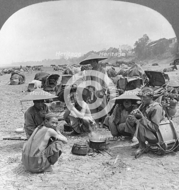 Caravan en route for China camping at Bhamo, Burma, 1908. Artist: Stereo Travel Co