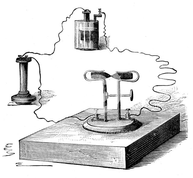 Carbon microphone, invented in 1878 by David Edward Hughes, 1890. Artist: Anon
