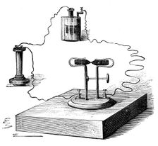 Carbon microphone, invented in 1878 by David Edward Hughes, 1890. Artist: Anon