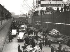Cargo being loaded or unloaded from a ship, Royal Victoria Dock, Canning Town, London, c1930
