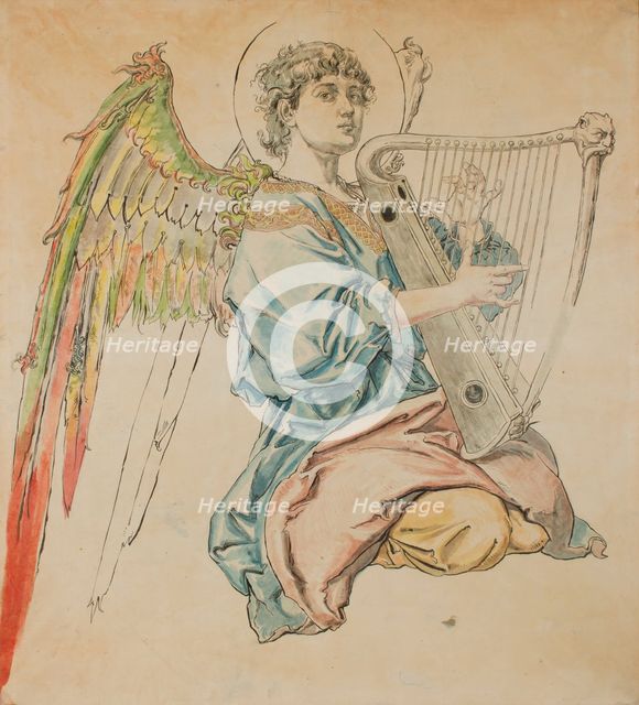 Cardboard for the Polychromy in the St Mary's Church-Figure of an Angel Playing..., 1888-1891. Creator: Jan Matejko.