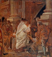 Cardinal blessing beggars at the church doors, n.d. (after 1860). Creator: Wilhelm Marstrand