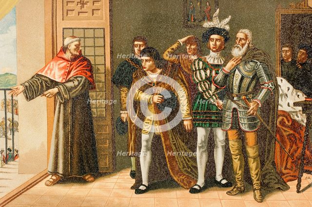 Cardinal Jiménez de Cisneros showing his power to the nobility, 1890.  Creator: Unknown.