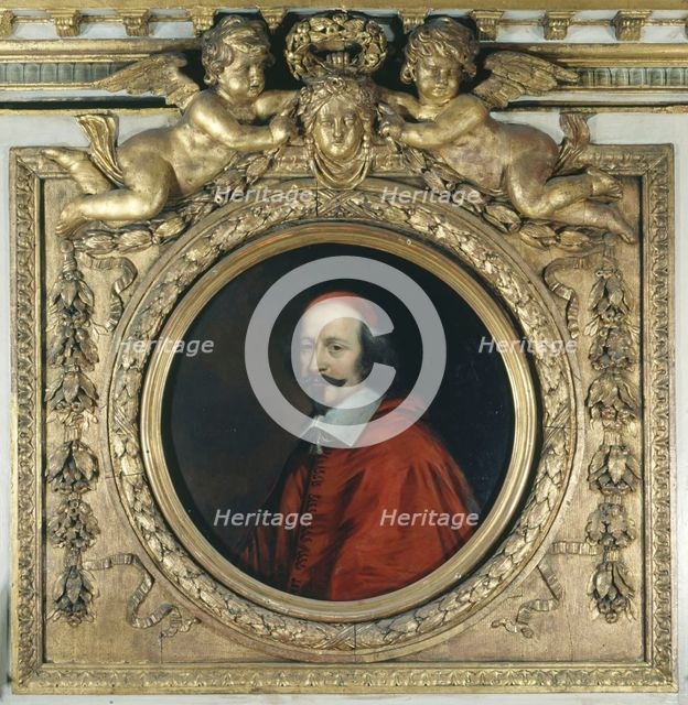 Cardinal Jules Mazarin (1602-1661). Portrait encased in wooden fireplace mantel... Creators: Pierre Mignard, Robert Nanteuil.