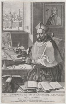 Cardinal Roberto Bellarmino at his desk, writing, 1604. Creator: Francesco Villamena