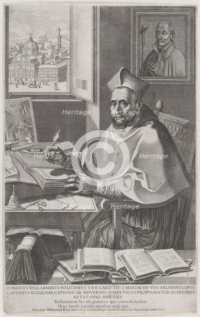 Cardinal Roberto Bellarmino at his desk, writing, 1604. Creator: Francesco Villamena.