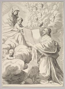 Cardinal Richelieu, Kneeling, Presents His Book to the Virgin and Child, ca. 1646. Creator: Claude Mellan