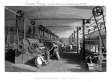 Carding, drawing and roving cotton, c1830. Creator: Unknown