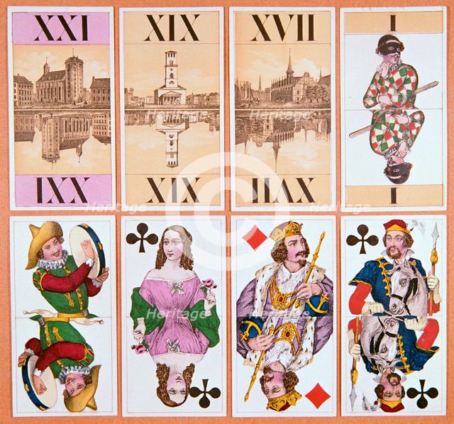 Cards from a Danish tarot pack, 19th century. Artist: Unknown