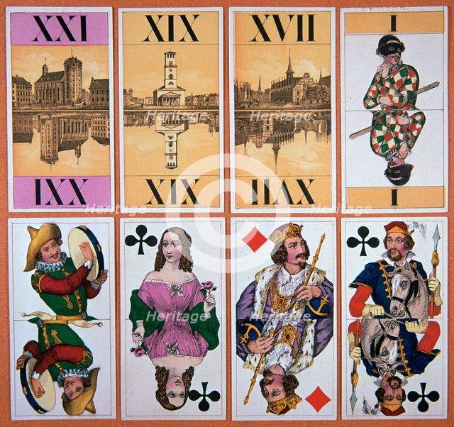 Cards from a Danish tarot pack, 19th century. Artist: Unknown