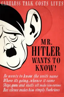Careless talk costs lives. Mr Hitler wants to know! World War II poster, between 1939 and 1946. Creators: Central Office of Information, Unknown